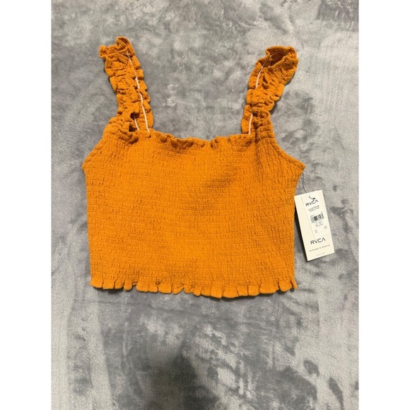 RVCA Tops - RVCA Terrace Tank Top Womens Large Orange Smocked Ruffle Cropped AVJWT00186